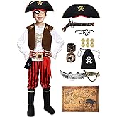 PARTTELY Pirate Costume Set for 3-14 Years Boys, Kids Pirate Costume Set for Toddler Halloween Dressup, Themed Party Red