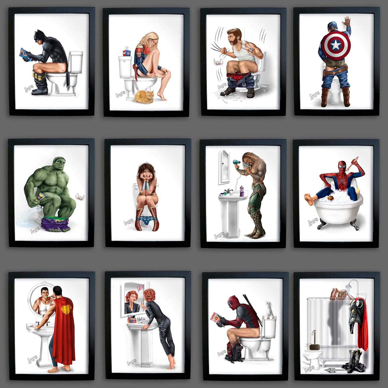 Amazon Com Set Of 12 Superheroes Of The Bathroom 81 2 X 11