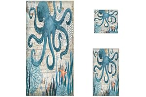 Naanle Vintage Ocean Octopus Starfish Map Soft Luxury Decorative Set of 3 Towels, 1 Bath Towel+1 Hand Towel+1 Washcloth, Multipurpose for Bathroom, Hotel, Gym, Spa and Beach