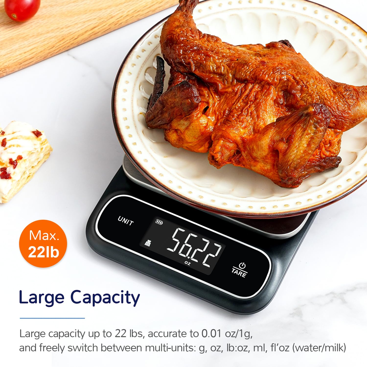 BAGAIL Food Scale, 22lb High Capacity Kitchen Scales, IPX6 Waterproof, USB-C Rechargeable, 0.05oz/1g, Digital Scale for Food Ounces and Grams with Stainless Steel Weighing Platform - Black