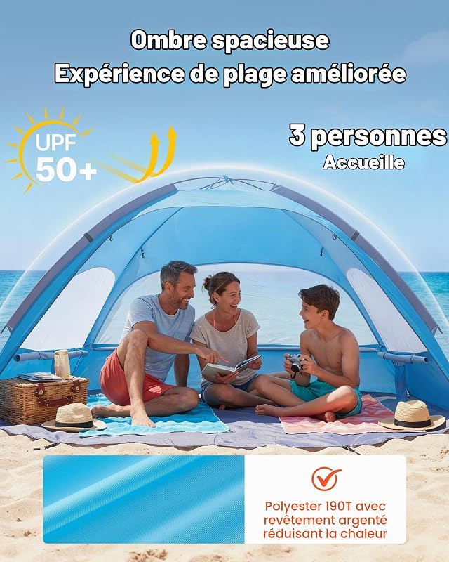 Tente de Plage pour 3 Personnes, Abri de Plage Anti UV UPF 50+, Tente Portable Pare-Soleil avec Sac de Transport et Piquets, pour Famille, Camping, Pêche et Pique-niques, Structure Légère, Bleu