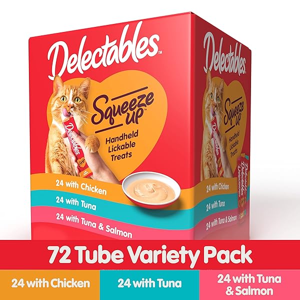 DELECTABLES SQUEEZE UP VARIETY PACK, CREAMY SQUEEZABLE PUREE, LICKABLE WET CAT TREATS, GRAIN FREE, NO ADDED FILLERS, NO BY-PRODUCTS, NO ADDED PRESERVATIVES, 0.5 OUNCES TUBE, 72 TUBES TOTAL
