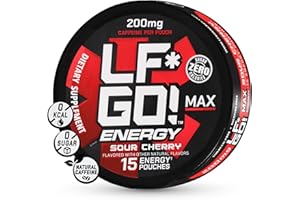 LF*GO! Energy Pouches | Caffeine Pouches | 6 Essential Vitamins and Minerals | Sour Cherry | 200 mg Natural Caffeine | 0 Calories | 0 Sugar | 15 Pouches Per Can | 1 Can