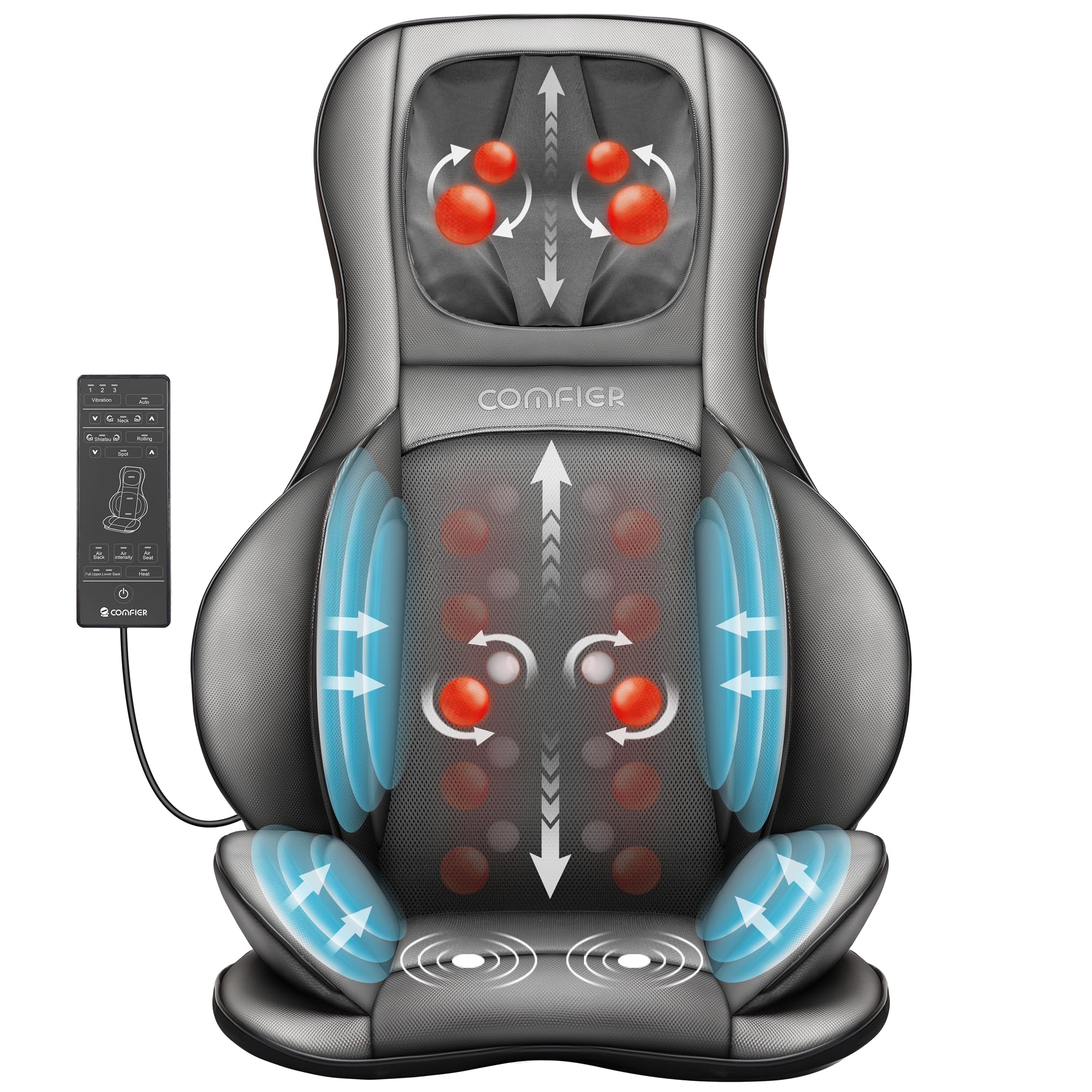COMFIER Shiatsu Back Massager with Heat -Deep Tissue Kneading Massage Chair, Massage Chair for Full Back, Chair Massager for Home or Office Chair use (Dark Grey), Gifts for Women,Men