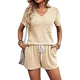 BARASA Womens Sets Waffle Knit 2 Piece Short Lounge Set Cute Short Sleeve Top Shorts Outfits Set With Pockets D692