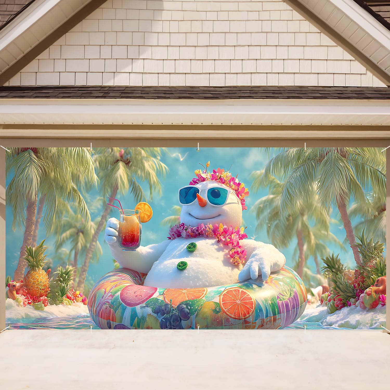 Photo 1 of 16x7Ft Tropical Snowman Garage Door Banner - Beach Scene with Swimsuit Snowman Holding Drink, Funny Summer Winter Mix Decor for Outdoor Holiday