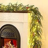 9FT Christmas Garland with Lights, Battery Operated Garland with Red Berries and Eucalyptus Leaves, Real Touch Artificial Prelit Garland for Mantle, Fireplace, Table, Stairs & Christmas Decorations