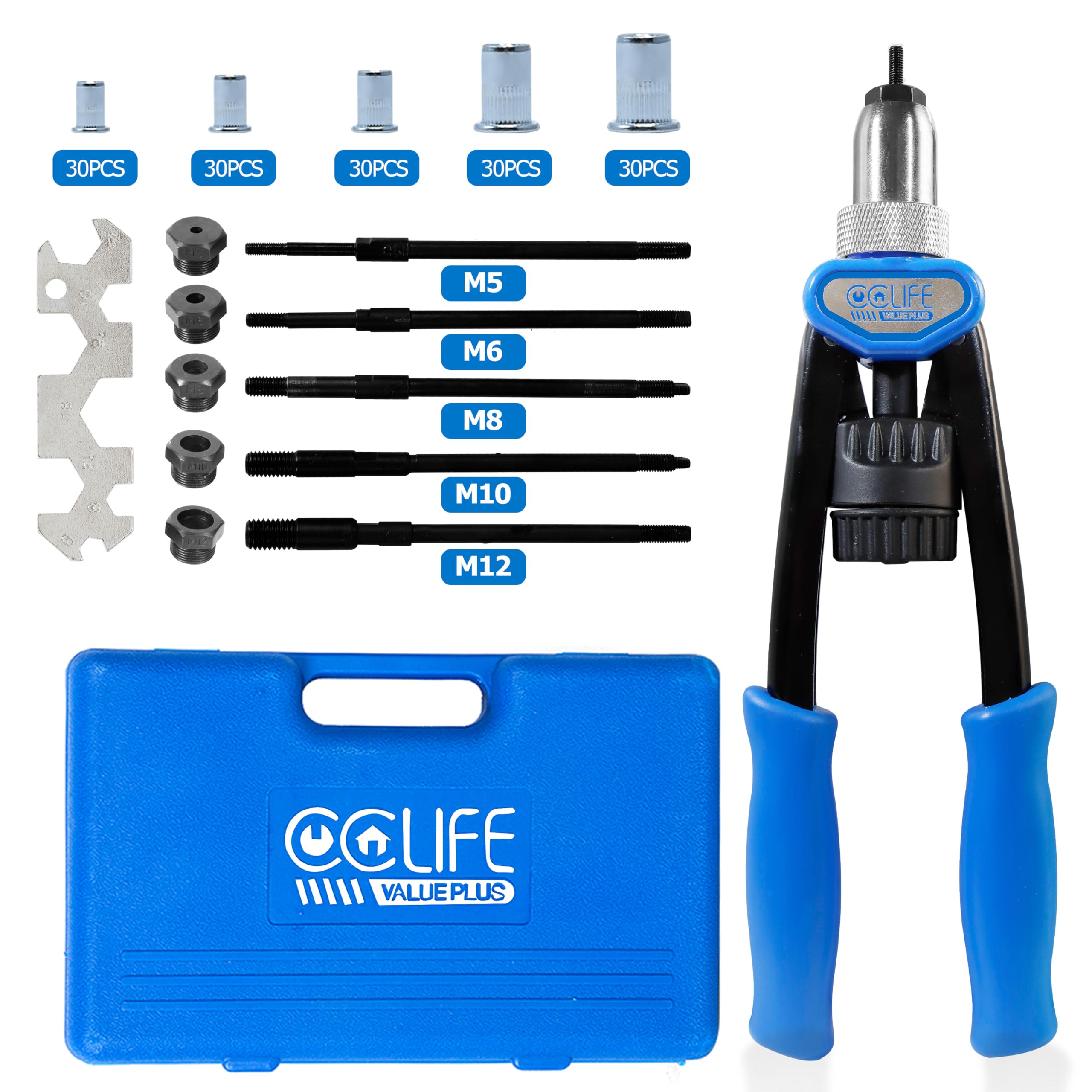 CCLIFE Professional Hand Blind Rivet Nut Tool Riveter Gun Kit with 150 Rivets M5 M6 M8 M10 M12 (30 Pieces Each)