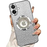 Misscase for iPhone 16 Magnetic Glitter Case Compatible with MagSafe,Full Protection Slim Shockproof Anti-Scratch Case with Camera Lens Protector Logo View Dust-Proof Net for Women Silver