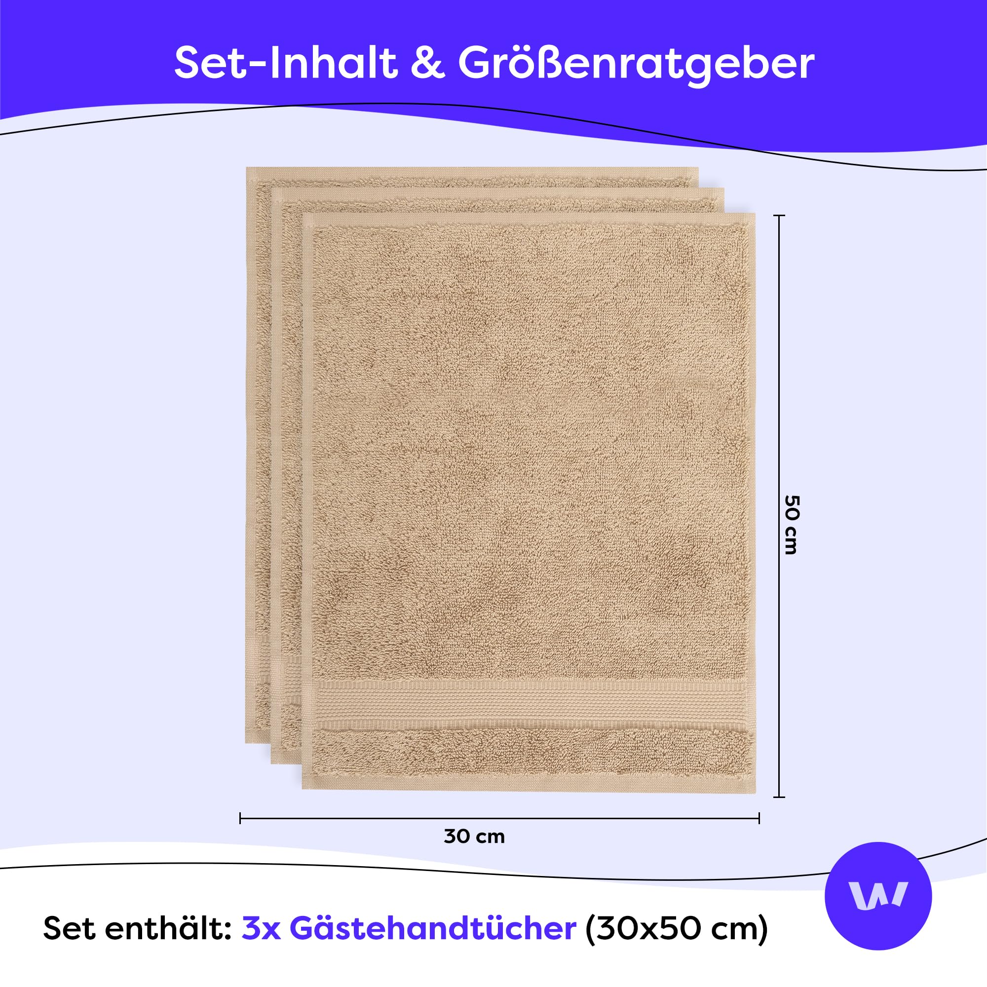 Wolkenfeld Gästehandtuch Set 3-teilig Premium - 100% Low Twist Baumwolle 550 g/m² - Ultra Weich & Saugfähig, Oeko-TEX Zertifiziert - 3 Gästehandtücher 30x50 cm, Handtücher Set, Beige 3