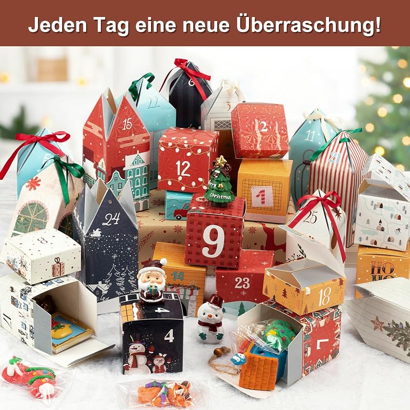 Adventskalender zum Befüllen, Adventskalender zum Selbstbefüllen mit 25 Häuser und Kartons, DIY Weihnachtskalender zum Basteln, adventskalender Geschenk Tüten Kinder Mädchen Frauen Erwachsene