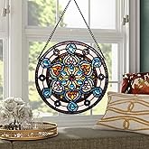 YOURANJU Sea Blue Flower Stained Glass Window Hangings 12" Round Tiffany Handicraft Glass Panels for Kitchen Bedroom Window Hangings with Chain