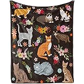 Cats Blanket Cat Present Soft Flannel Lightweight Cats and Flowers Throw Blanket for Kids Girls Boys All Season Cartoon Animals Blankets for Sofa Couch Bed Decorative Cat Blue Blanket 50x60inch