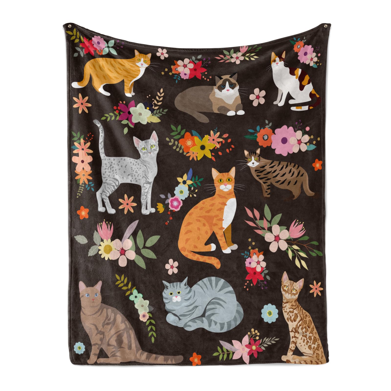 Cat Lover Throw Blanket - Soft Flannel With Cats and Flowers Design for Kids, Girls, Boys - All Season Cartoon Animals Blanket for Sofa, Couch, Bed - Decorative Blue 50x60 Inch
