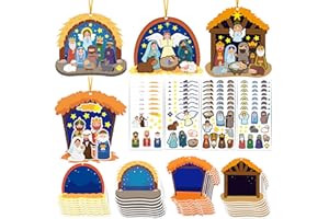 EUVBOKW Christmas Nativity Crafts for Kids 32pcs Make a Nativity Scene Religious Christmas Tree Ornament DIY Kit with Rope for Sunday School Classroom Party Favor Games Activity Supply