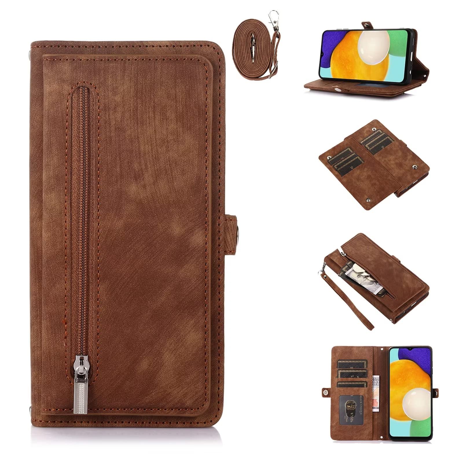 ESONG Case for Xiaomi Poco X5 PRO/Redmi Note 12 Pro 5G,Premium Leather Flip Zipper Wallet Cover with[9 Card Slots][Magnetic][Wrist Strap][Kickstand]Full Body Protection Crossbody Case,brown