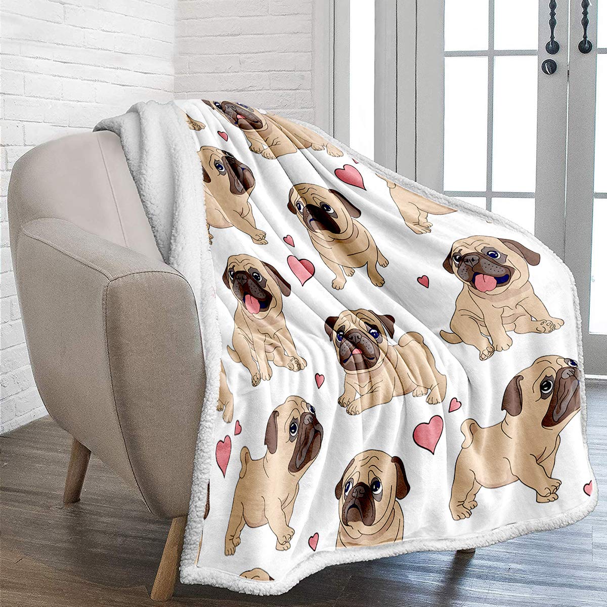 WONGS BEDDING Pug Throw Blanket Reversible Pug Dog Printed Sherpa Blanket for Kids Child Adults Soft Warm Microfiber Solid Throw Blanket for Bed, Couch, and Travel 150x200cm