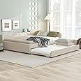 JYH Queen Size Bed Frame - Modern Upholstered Platform Bed Frame with Wood Slats Support, Twin Size Trundle & Convenient USB Ports, Space Saving Design for Dormitory, Apartment, Guest Room, Beige