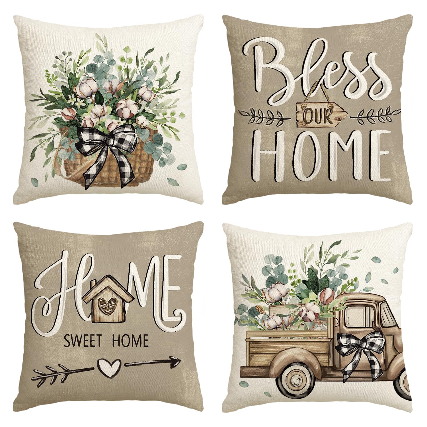 AVOIN colorlife Bless Our Home Farmhouse Eucalyptus Leaves Throw Pillow Covers, 18 x 18 Inch Truck Home Sweet Home Cushion Case Decorations Set of 4