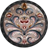Artinhand 12 Pack Norwegian Brown Flower Cabinet Knobs for Kitchen Bathroom | Rosemaling Folk Style Drawer Pulls Round Black Dresser Handles Hardware for Desk Cupboard Wardrobe Closet Vanity Door Decor