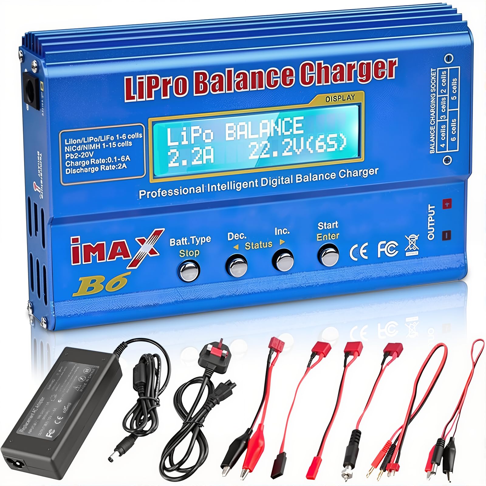 Lipo Battery Charger, 80W 6A Lipo Battery Balance Charger, RC Battery Charger with Power Adapter for LiPo, Li-ion, NiMH, Li-ion, Li-Fe, NiCd, RC Hobby, Pb Blue