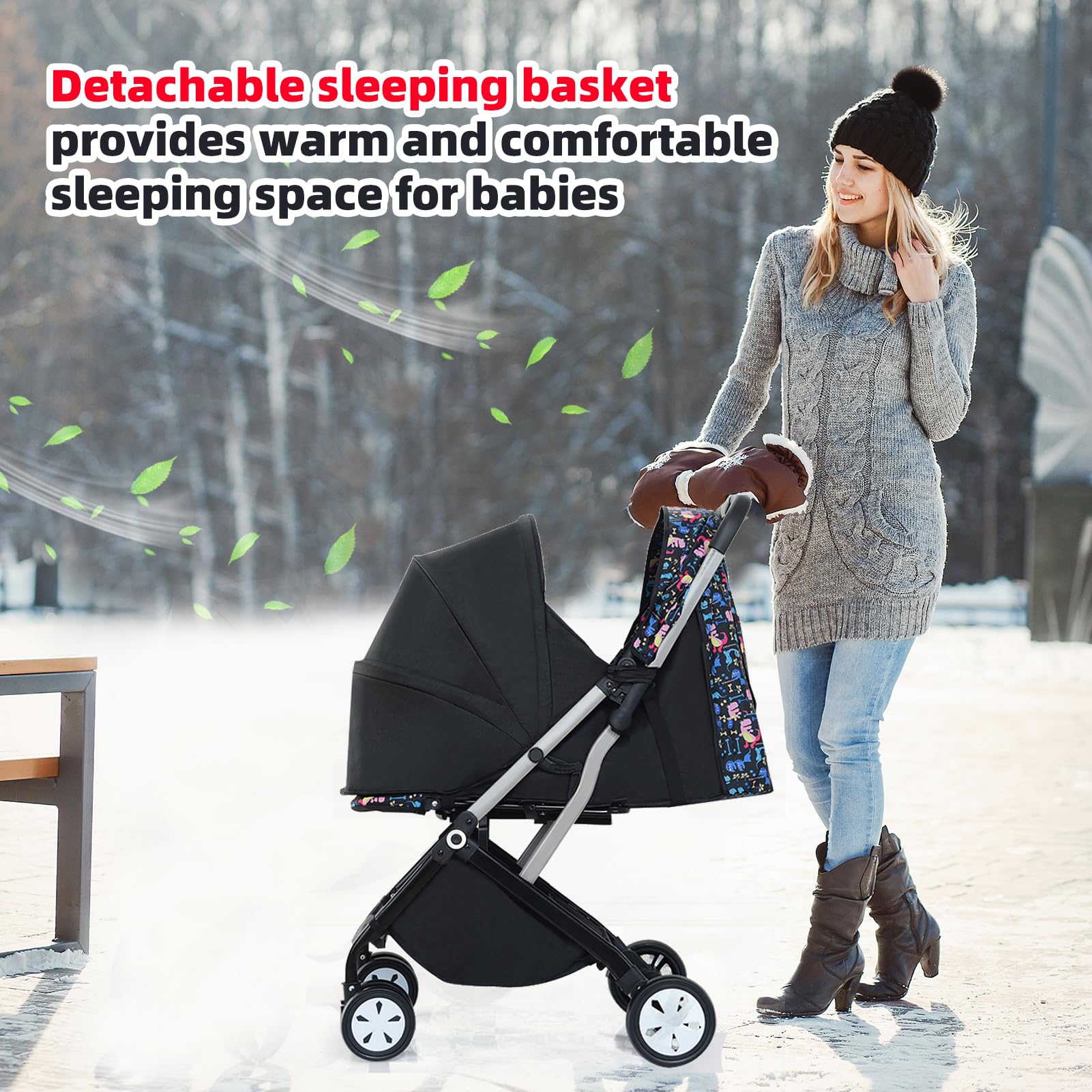 Tigasy Lightweight Stroller with Sleeping Basket and Rain Cover,One-Handed Folding Compact Stroller for Airplane .(Black)
