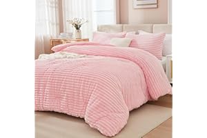 Andency Pink Comforter Set Queen, 3 Pieces Fleece Comforter for Queen Size Bed, Soft Warm Fluffy Fuzzy Luxury Plush Bedding C