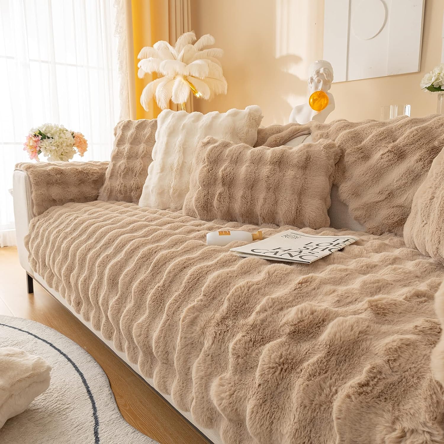 LINGKY Thick Rabbit Plush Sofa Covers 1 2 3 Seater, Non-Slip Sofa Slipcovers For Corner L Shape, Funny Fuzzy Sofa Cover, Warm Velvet Sofa Cushion Covers, Washable Furniture Protector (Khaki,70x210cm) — image 1