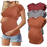 Ekouaer Women's Maternity Shirts 3 Packs Flying Short Sleeve Pregnancy Tops Side Ruched Tunic Blouse Mama Clothes S-XXL