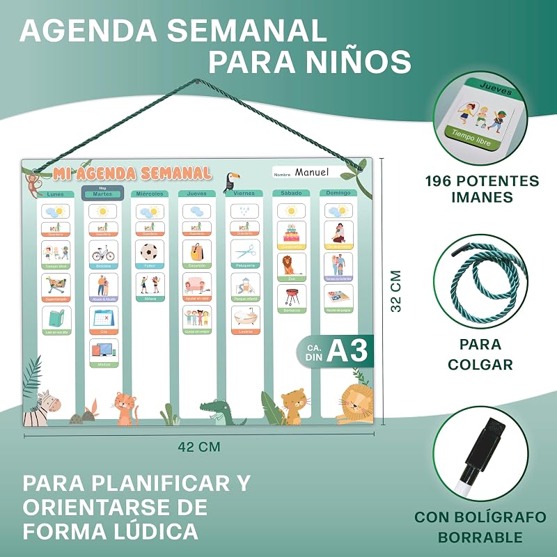 ® Planeador semanal para crianças - Quadro magnético Montessori com um design bonito que inclui 196 ímanes e uma caneta - Jogos educativos a partir dos 3 anos - Calendário infantil — foto 2 de 7