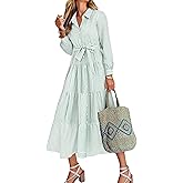 Caracilia Women Long Sleeve Maxi Dress 2026 Spring Casual Button Down Striped Plaid Tie Waist Shirt Dresses Vacation Outfits