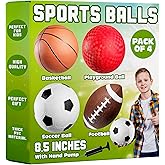 8.5” Sports Balls for Kids & Toddlers - (Pack of 4) Rubber Inflatable Multi-Sport Ball Set - Football, Soccer Ball, Basketball, Playground Ball & Pump - Birthday Gift Toys for Boys & Girls