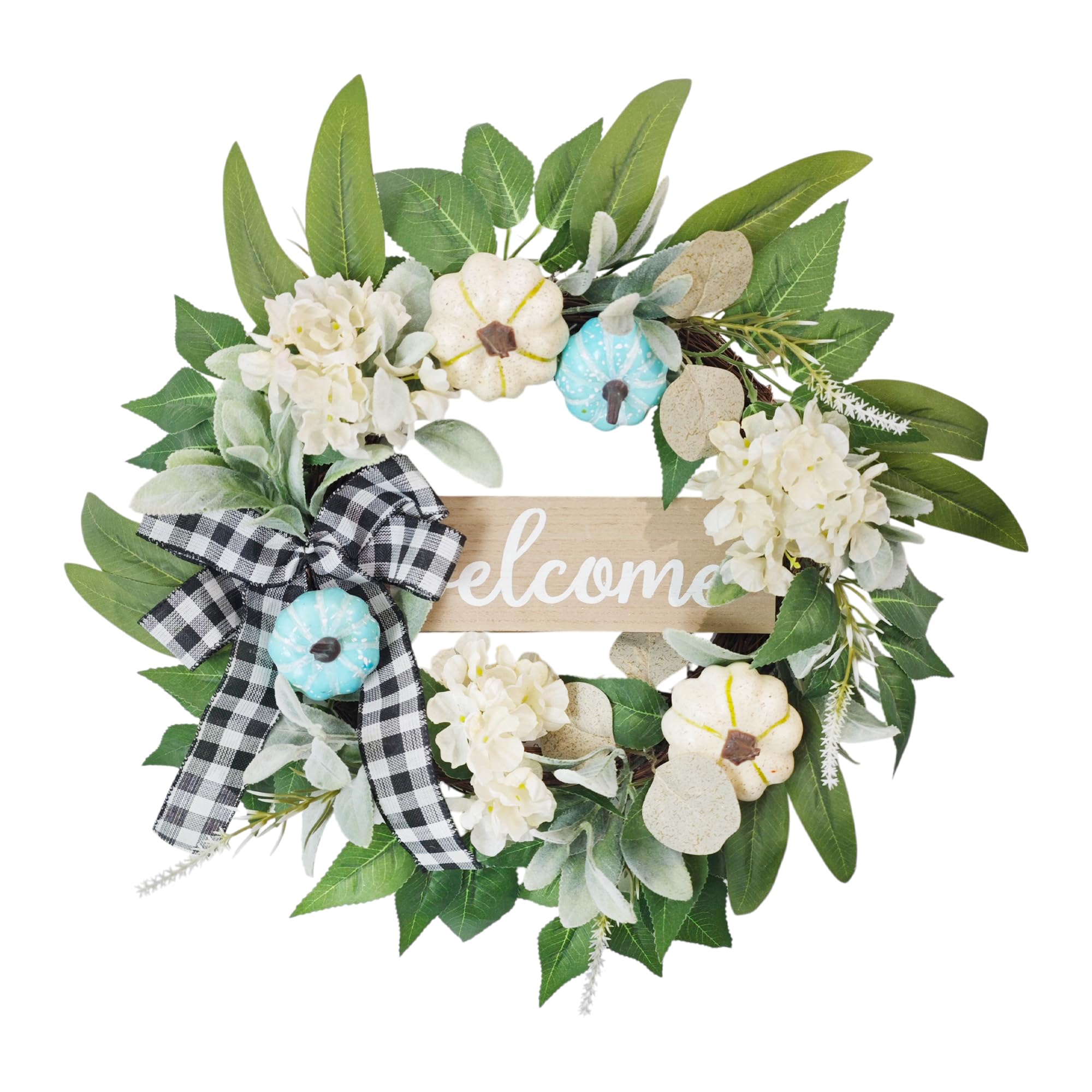 Photo 1 of 20" Autumn Pumpkin Wreath with Bows,White Artificial Flower and Leaves,Fall Decorations for Home,Welcome Signs Artificial Autumn Door Wreath for Outside, Window, Wall, Thanksgiving Decor
