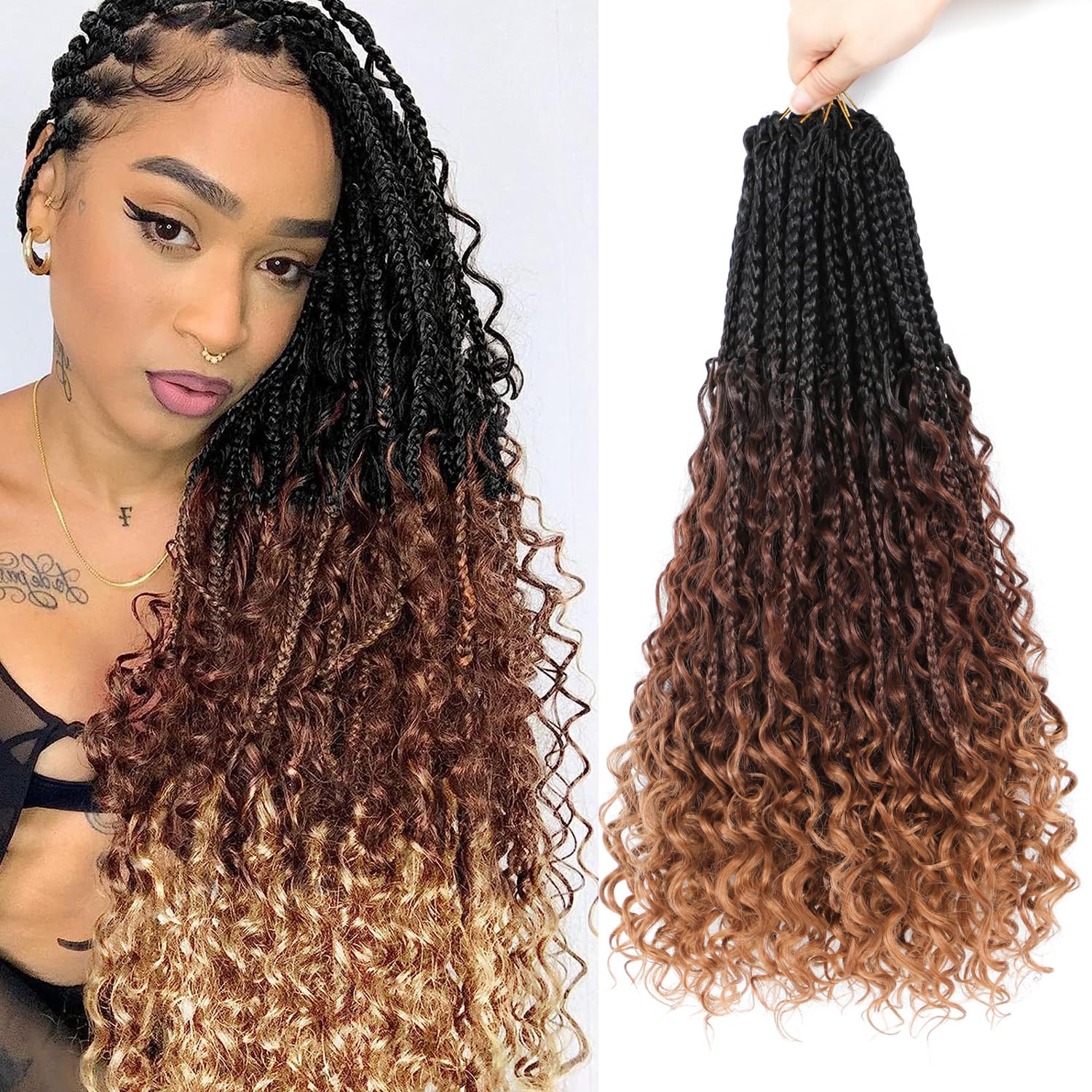 Boho Goddess Braids Crochet Hair for Black Women 18 Inch 8 Packs Bohemian Crochet Braids Hair Extensions with Curly Ends Boho Box (1B/33/30, 18 Inch (Pack of 8)) — image 1