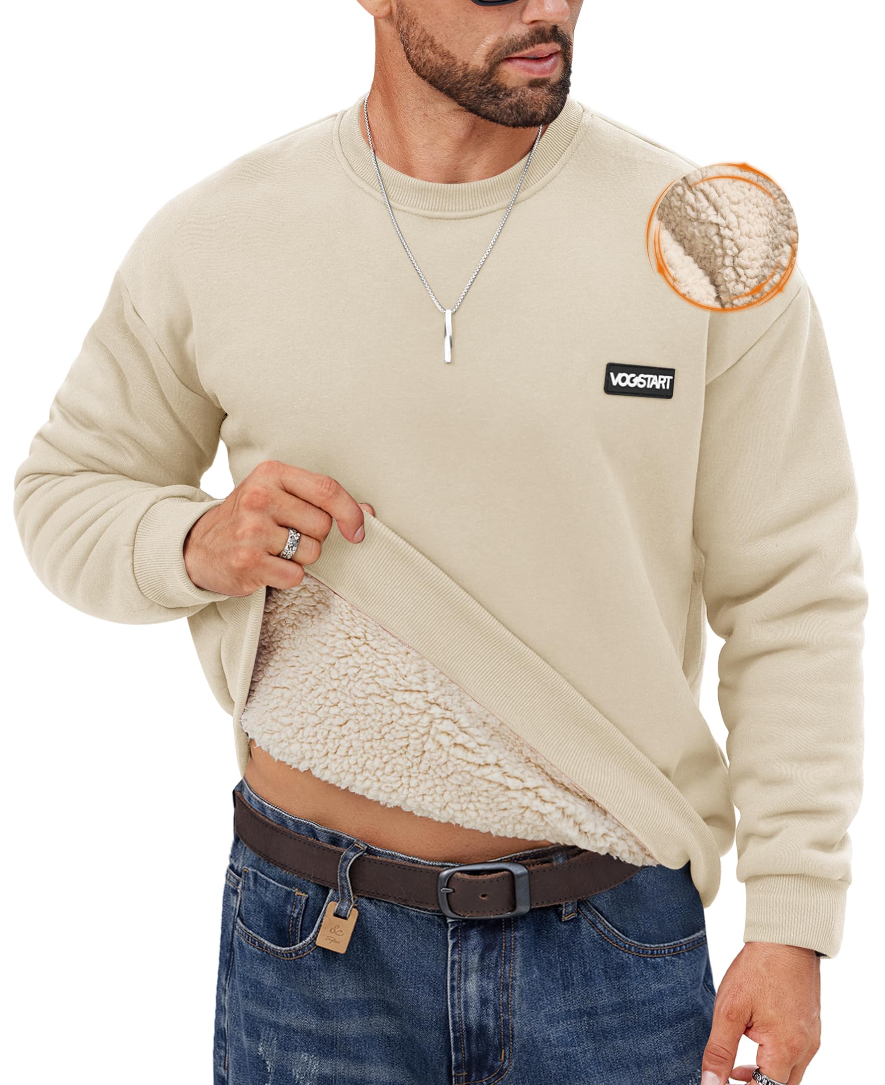 VOGSTART Herren Winterpullover Pullover Gefüttert Fleecepullover Dicker Warm Fleece Warme Baum Winterpullover Beige L