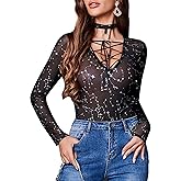 Avidlove Women Long Sleeve Bodysuit Deep V Neck Body Suits Mesh One Piece Leotard Going Out Tops with Sexy Choker