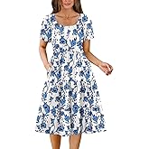 Zeagoo Women's Summer Dress Casual Puff Sleeve Square Neck Midi Dresses Tiered Beach Vacation A-Line Sundress with Pockets