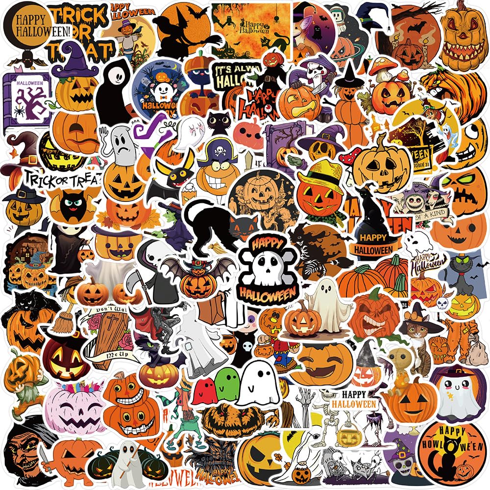 100 Pcs Halloween Stickers, Vinyl Waterproof Holiday Party Day Stickers Pack for Laptop,Water Bottle, Crafts Scrapbooking, Funny Cartoon Pumpkin Theme Decals for Children Kids Teens Aldult — image 1