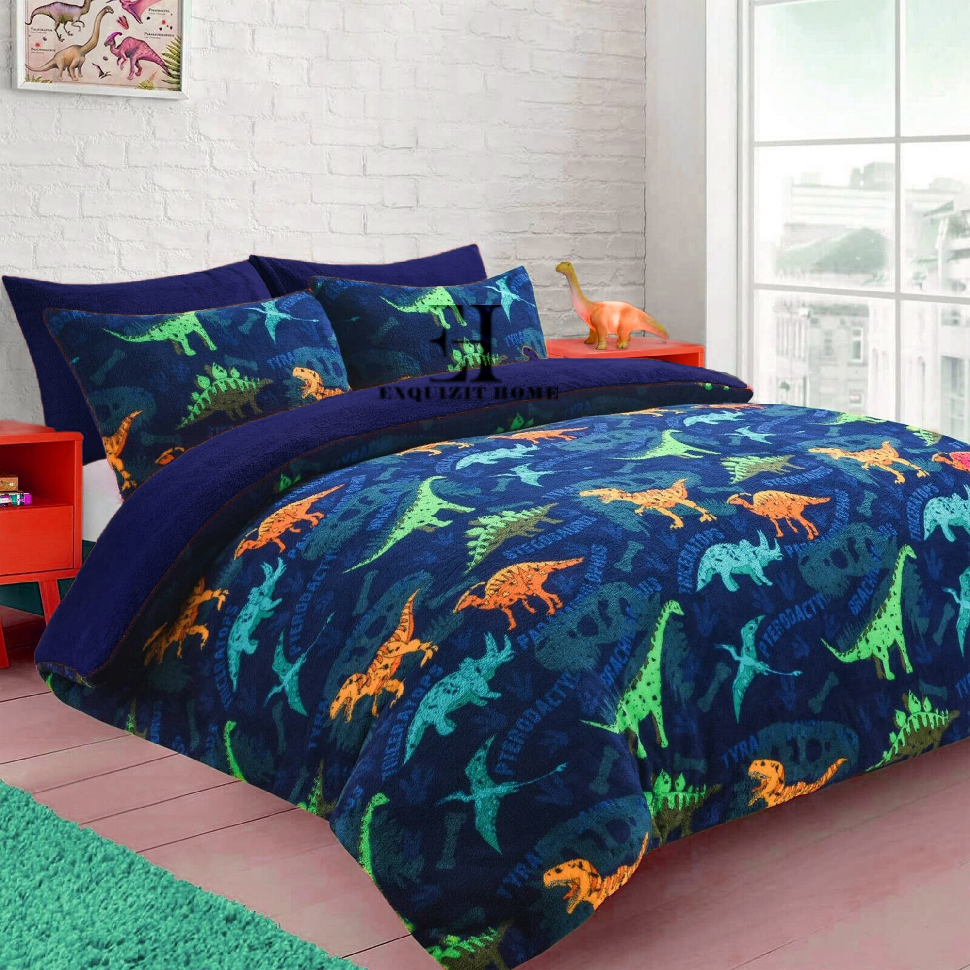 EXQUIZIT HOME® Teddy Bear Fleece Dinosaur Roar Duvet Quilt Cover Bedding Set with Matching Pillowcase – Warm Cosy Winter Kids Dino Bedding – (Dinosaur Blue Single 135cm x 200cm Approximate)