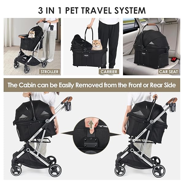 BEBEROAD PETS T3 PRO 3-IN-1 SMALL PET STROLLER FOR DOG & CATS, 4 WHEELS WITH DETACHABLE CARRIER WITH PAD, CANOPY AND CUP HOLDER (BLACK)