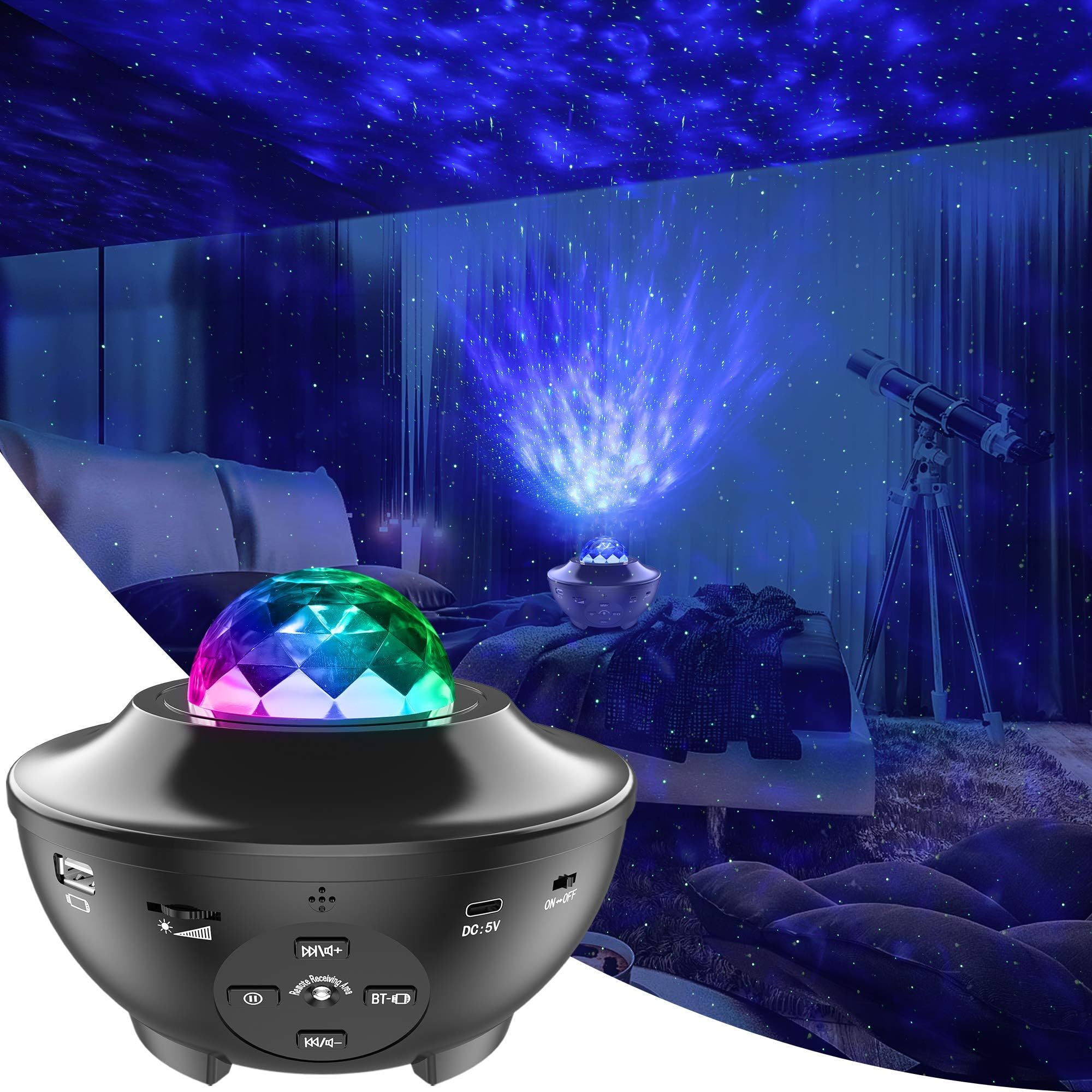 LBell Star Projector Night Light, 2 in 1 Starry Night Light Lamp & Ocean Wave Projector with Remote Control 10 Colors Changing Music Bluetooth Speaker Timer for Kids Adults