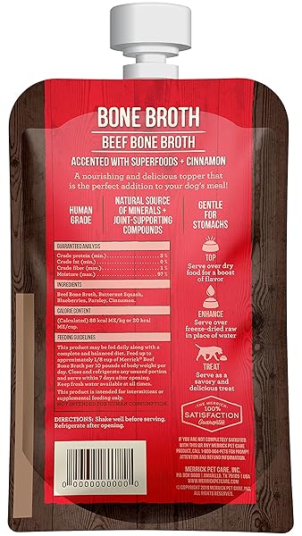 MERRICK GRAIN FREE BONE BROTH, PREMIUM HUMAN GRADE AND GLUTEN FREE DOG AND CAT FOOD TOPPER POUCHES, BEEF – 7 OZ. POUCH