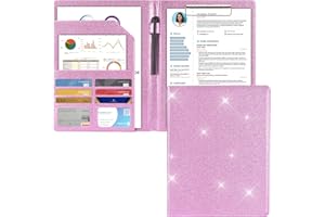 Cacturism Padfolio Portfolio Folder, Foldable Letter Size Clipboard Legal Pad, Bling PU Leather Professional Folio Organizer for Women - Resume Business Document Holder for Job Work Office, Pink