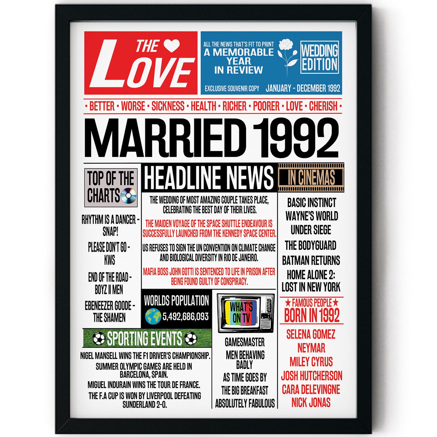Stuff4 34th Anniversary Poster Framed - Married In 1992 Newspaper - Happy 34th Wedding Anniversary for Men Women Vintage Gifts Retro Back In 1992, 8x10 Inch Anniversaries Posters