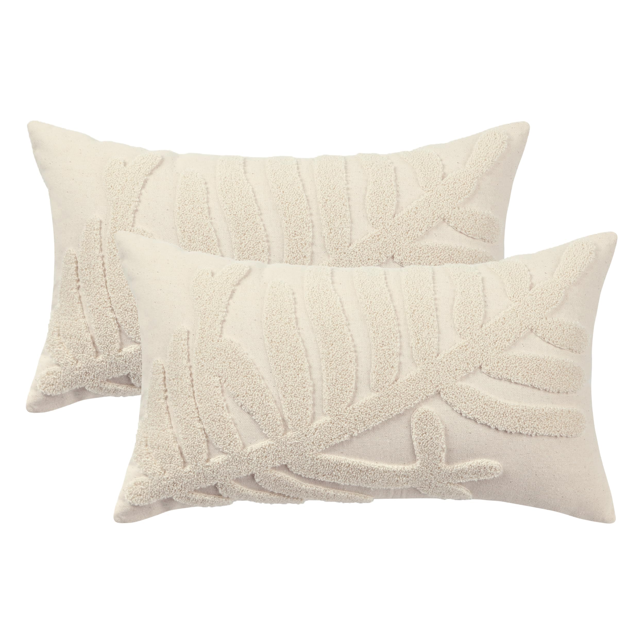 Tosleo 2Pack Throw Pillow Covers Spring Summer Beige Leaf Tufted Embroidery 12x20In Cushion Cover Cotton Linen Leaves Decorative for Sofa Living Room Bed Couch Car Gift Home Deco 30x50CM