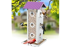 FlowaFoli Bird Feeders for Outdoor Hanging, All-Metal, 12-Port Finch Feeder with Weatherproof Roof & Seed Tray, 2.8 lbs Capacity Thistle Bird Feeder,Great for Attracting Wild Birds (Purple Roof)
