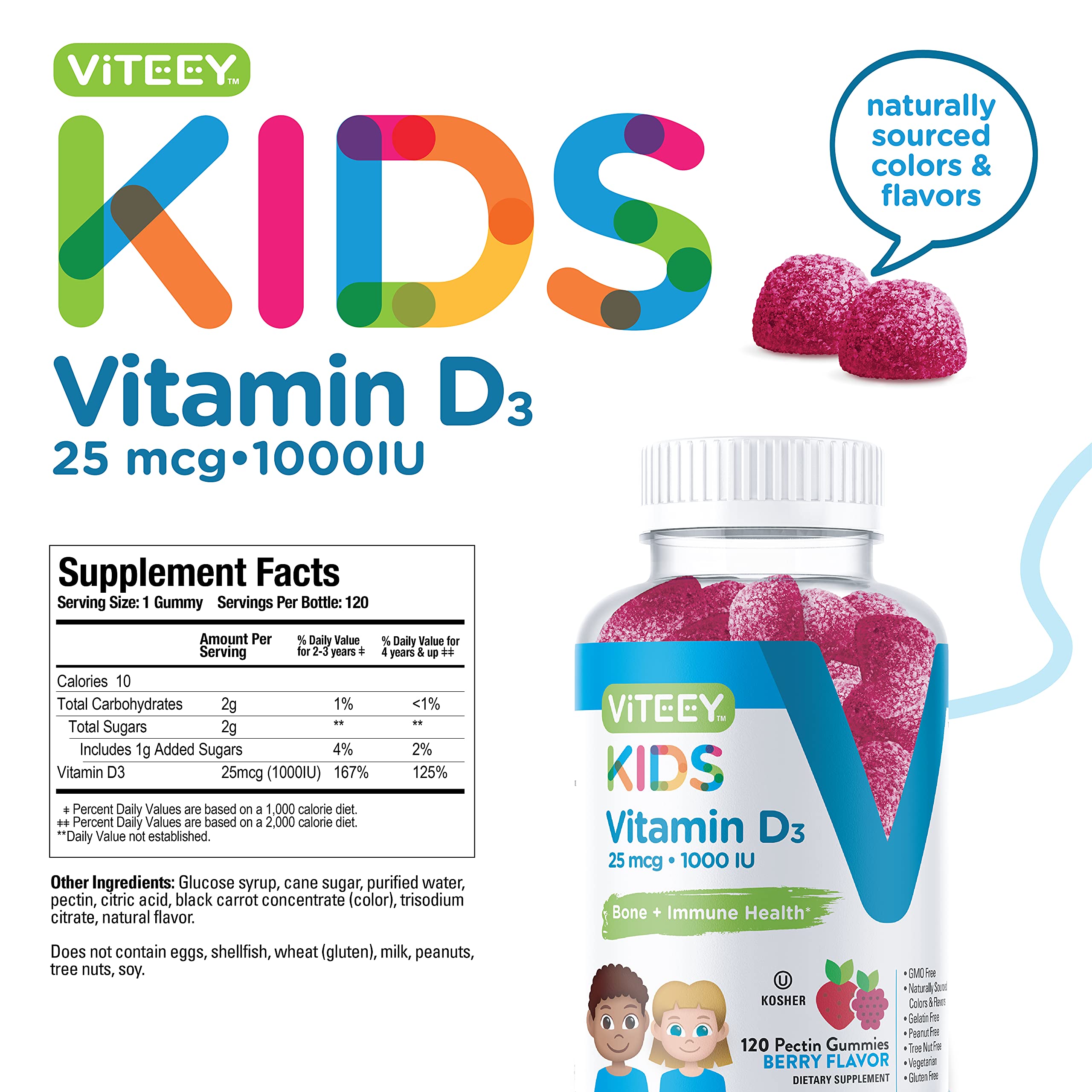 Viteey Vitamin D3 Kids Gummies 25mcg 1000 IU - Bone Health, Immune Health, Joint Muscle Support - Vegetarian, Gelatin Free, Gluten Free, GMO Free - Tasty Chewable Berry Flavored