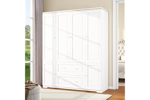 LABROSKIA Bedroom Armoires Wardrobe Closet with 4 Doors: 74" White Wardrobe Cabinet with 2 Drawers, Modern Wood Closet for Hanging Clothes, Large Wardrobe Storage Closet (White, 63")