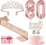 Amosking 80th Birthday Decorations for Women Tiara Sash Cake Topper Balloons view 1