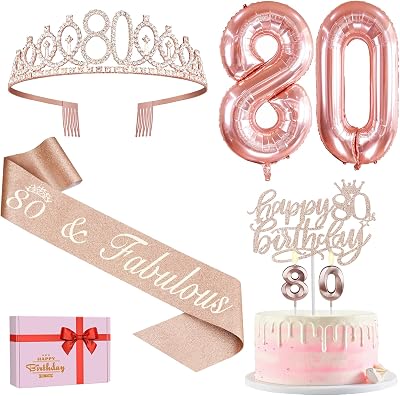 Amosking 80th Birthday Decorations for Women Tiara Sash Cake Topper Balloons